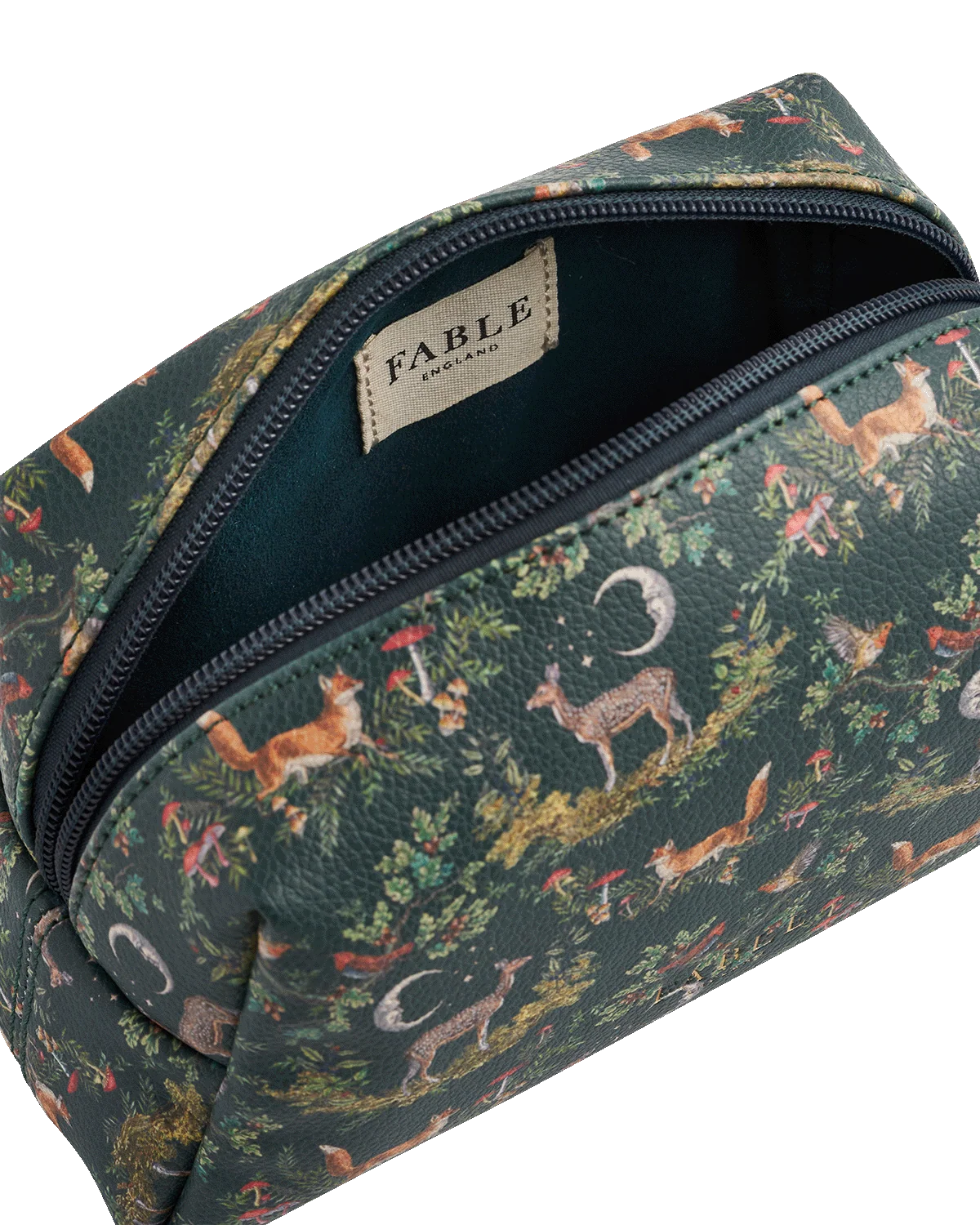 Fable Into the Woods Small Cosmetic Pouch in woodland green faux leather with printed fox and deer design