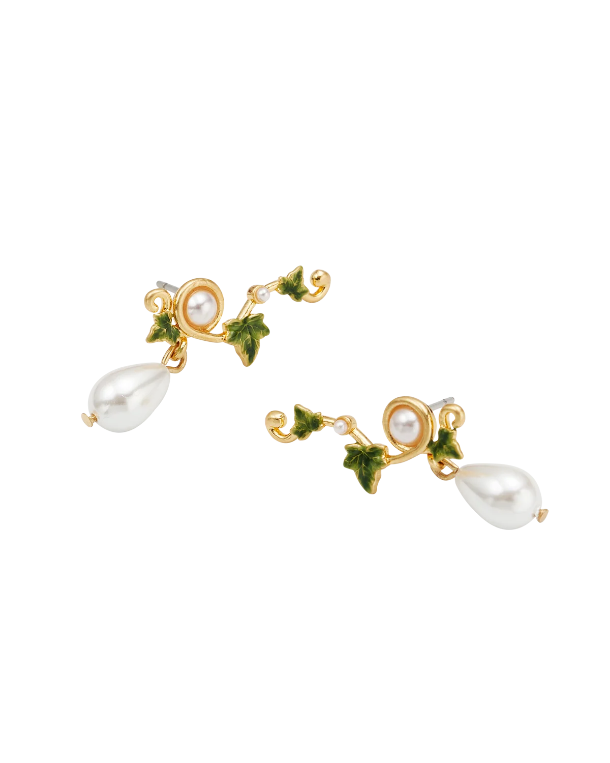 Fable Ivy & Pearl Climber Earrings in Gold featuring hand-painted ivy and teardrop glass pearls