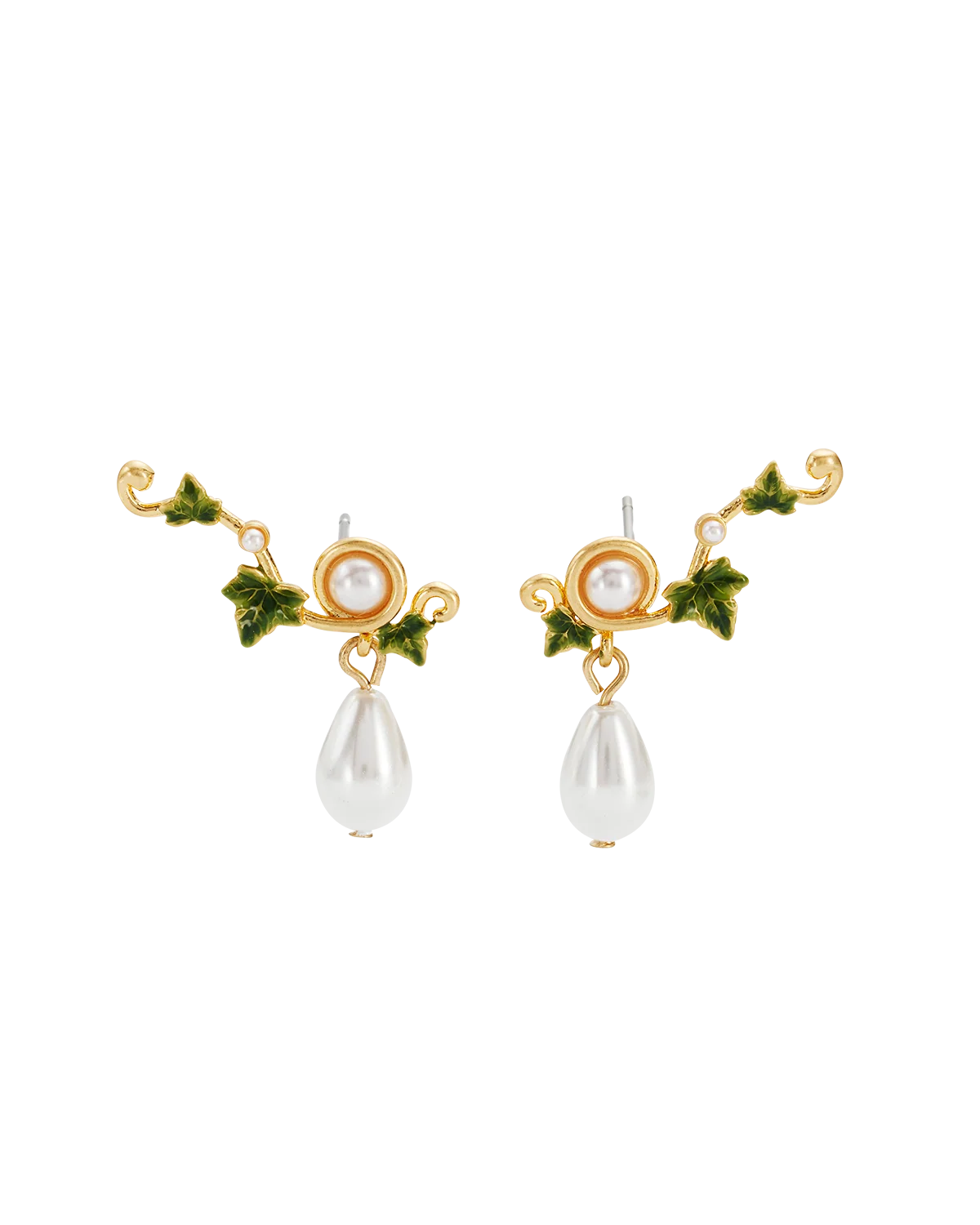 Fable Ivy & Pearl Climber Earrings in Gold featuring hand-painted ivy and teardrop glass pearls