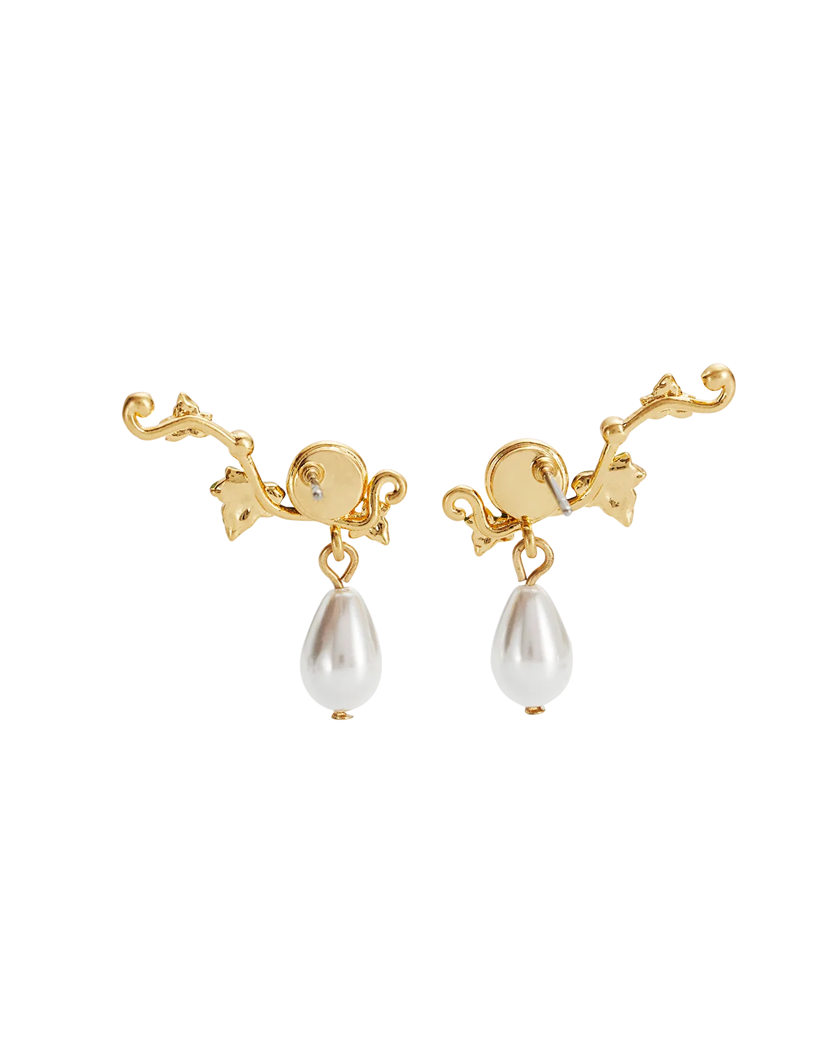 Fable Ivy & Pearl Climber Earrings in Gold featuring hand-painted ivy and teardrop glass pearls