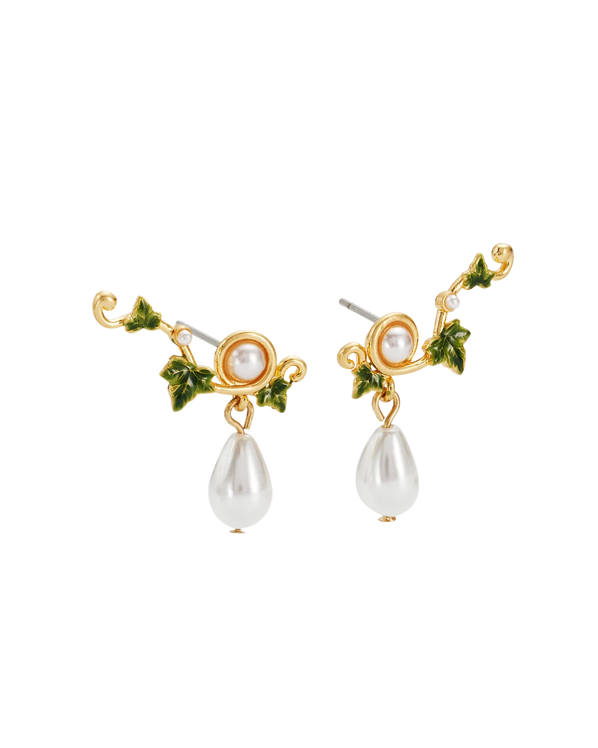 Fable Ivy & Pearl Climber Earrings in Gold featuring hand-painted ivy and teardrop glass pearls
