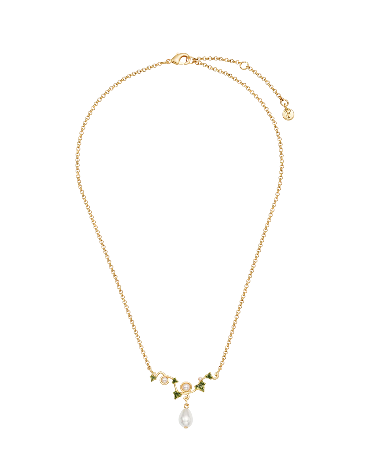 Fable Ivy & Pearl Necklace in Gold featuring hand-painted ivy leaves and a teardrop glass pearl