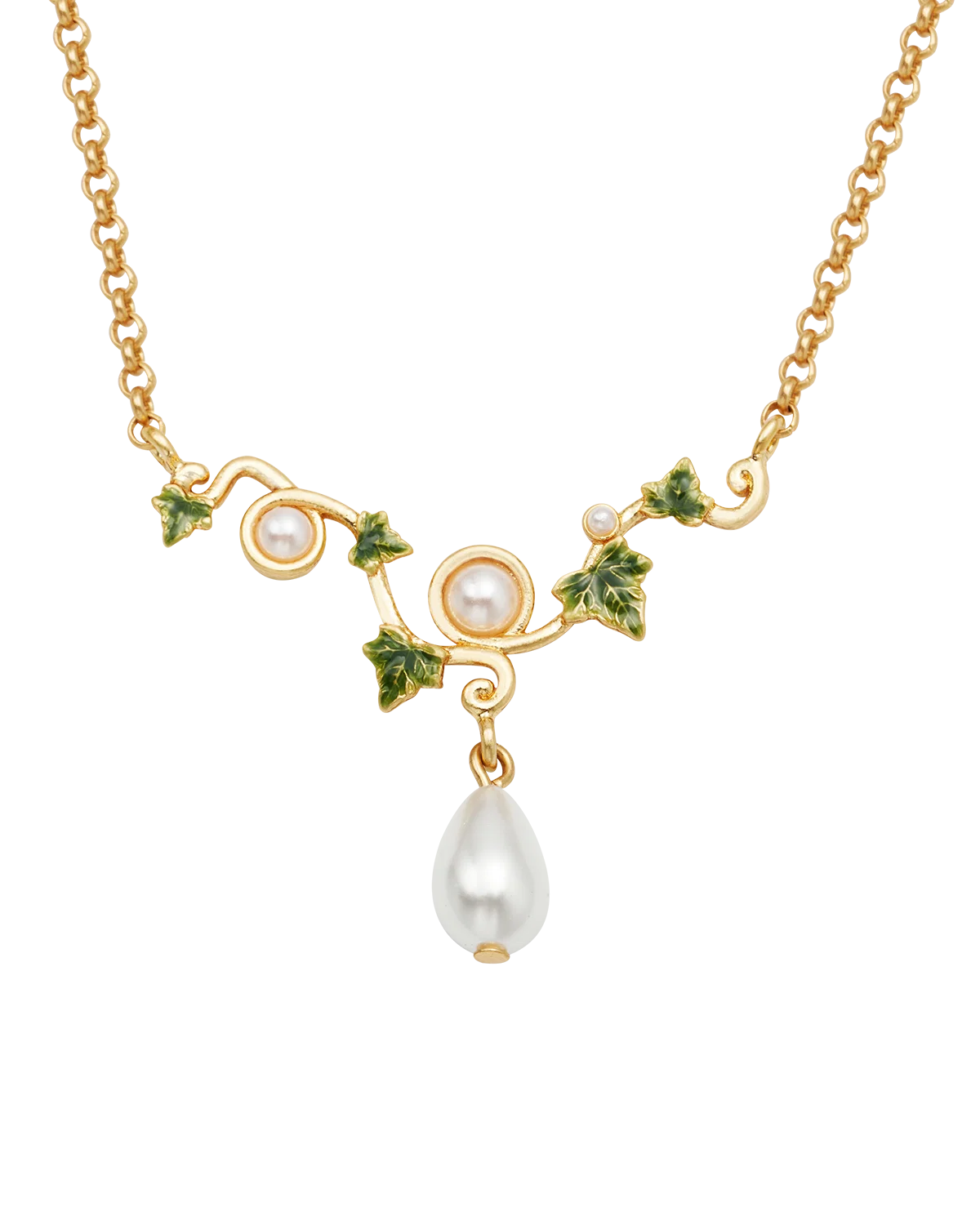 Fable Ivy & Pearl Necklace in Gold featuring hand-painted ivy leaves and a teardrop glass pearl
