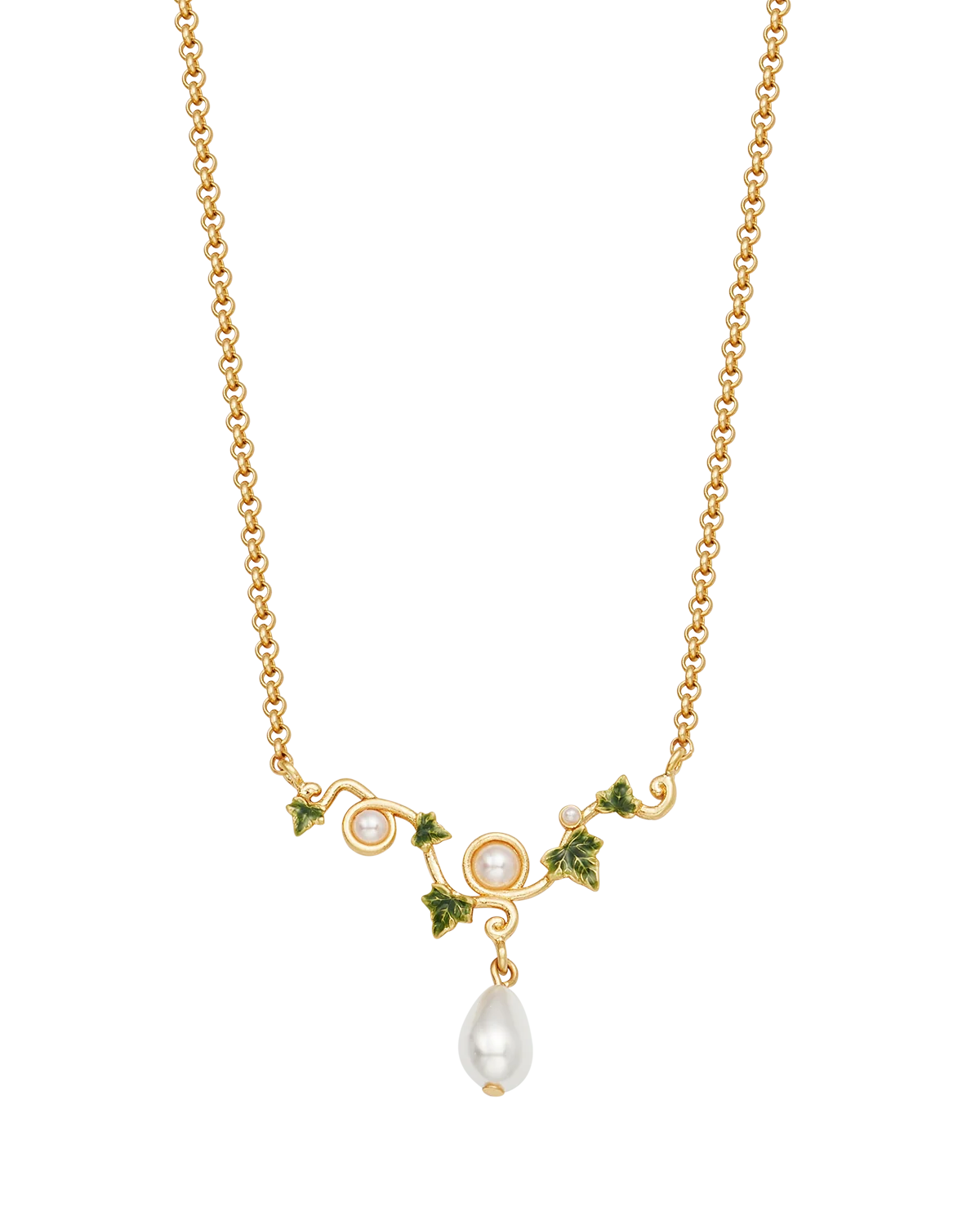 Fable Ivy & Pearl Necklace in Gold featuring hand-painted ivy leaves and a teardrop glass pearl