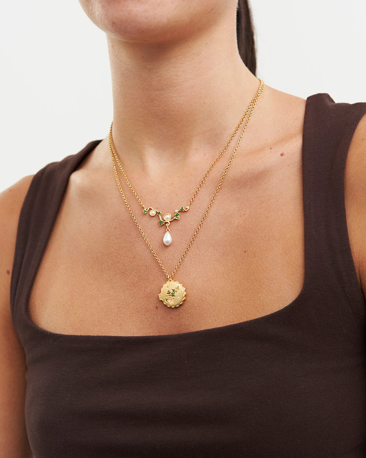 Fable Ivy & Pearl Necklace in Gold featuring hand-painted ivy leaves and a teardrop glass pearl
