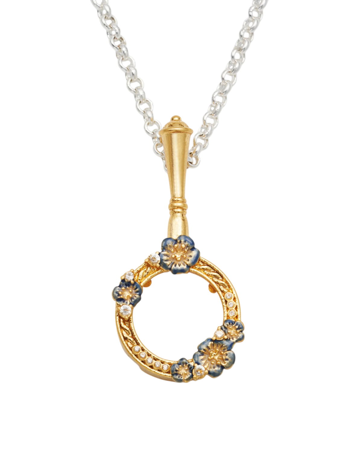Fable Larkspur Magnifying Glass Necklace in Gold featuring hand-painted larkspur flowers and white CZ stones