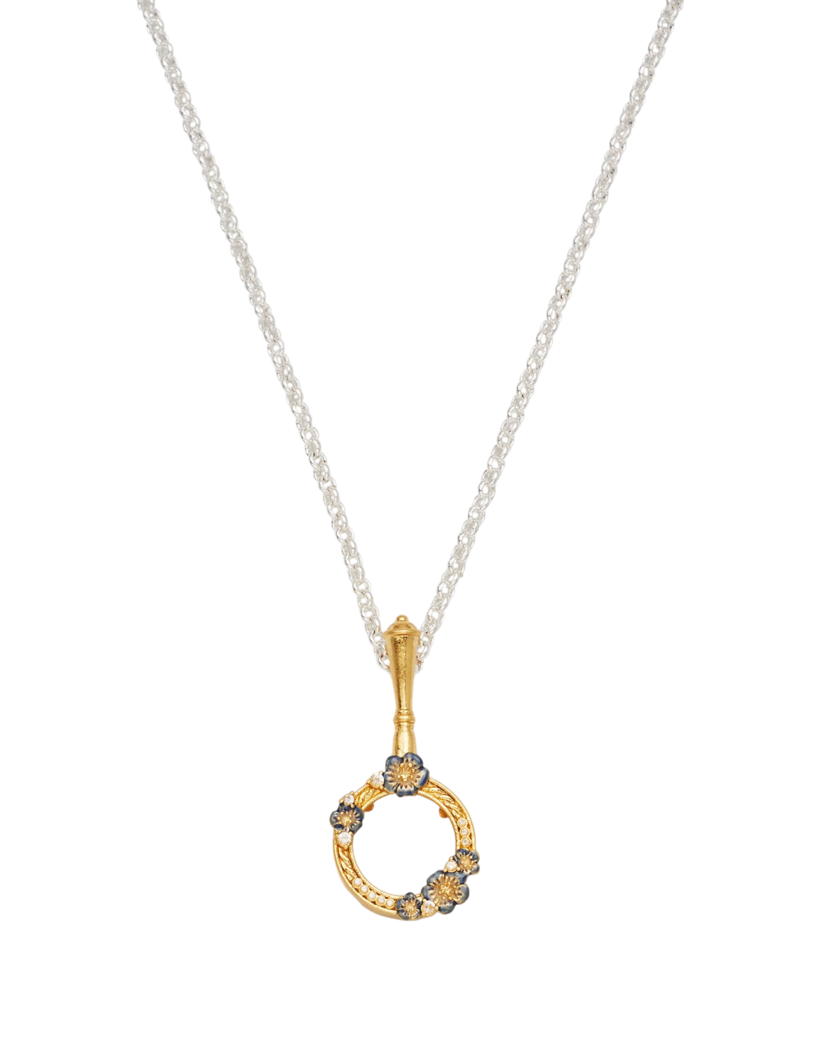 Fable Larkspur Magnifying Glass Necklace in Gold featuring hand-painted larkspur flowers and white CZ stones