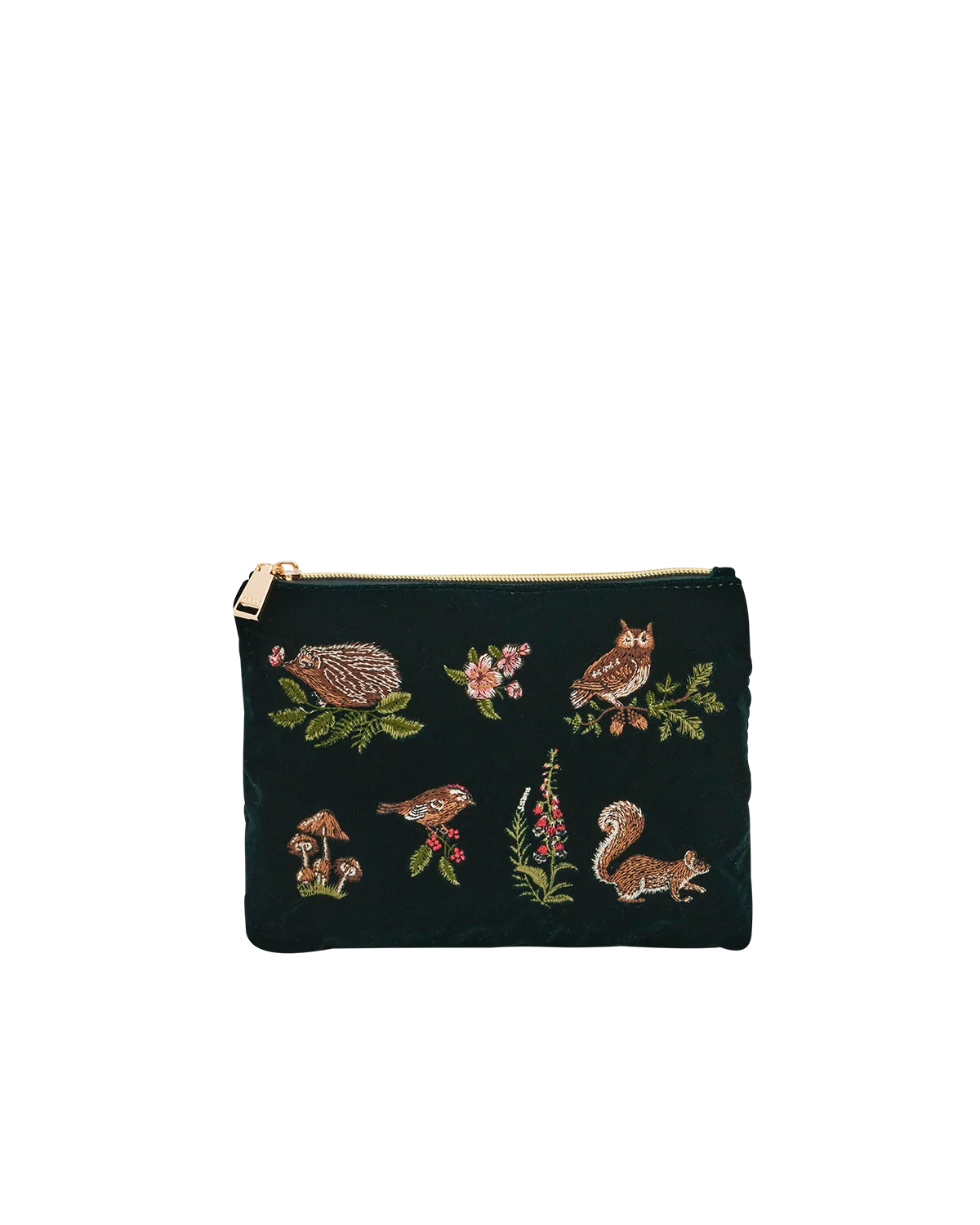 Fable Meadow Scene Embroidered Medium Pouch in Forest Green Velvet with detailed squirrel, owl, and hedgehog embroidery