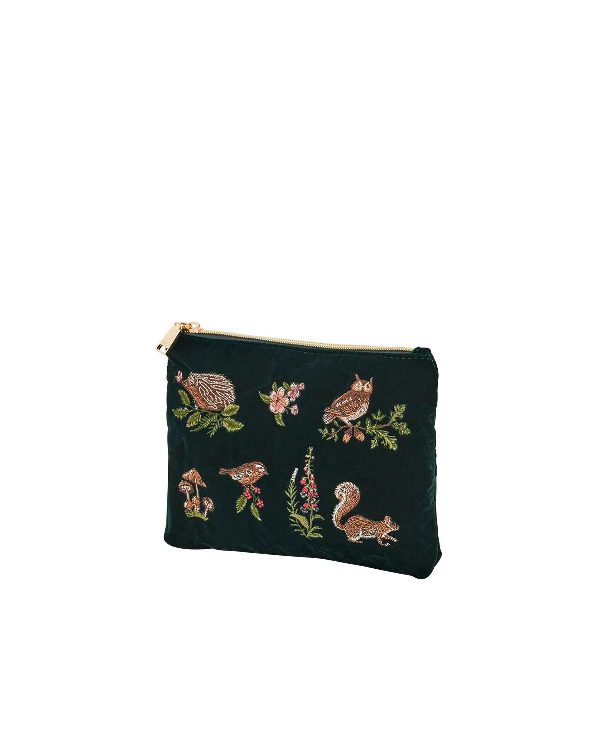 Fable Meadow Scene Embroidered Medium Pouch in Forest Green Velvet with detailed squirrel, owl, and hedgehog embroidery