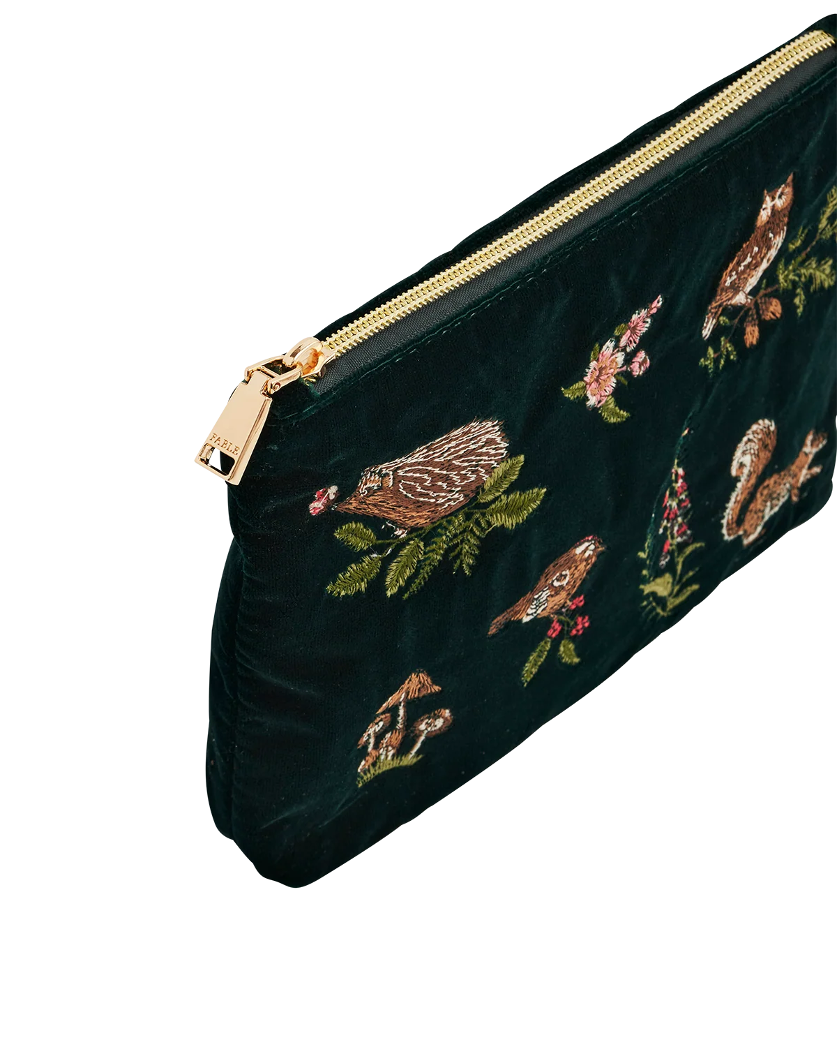 Fable Meadow Scene Embroidered Medium Pouch in Forest Green Velvet with detailed squirrel, owl, and hedgehog embroidery