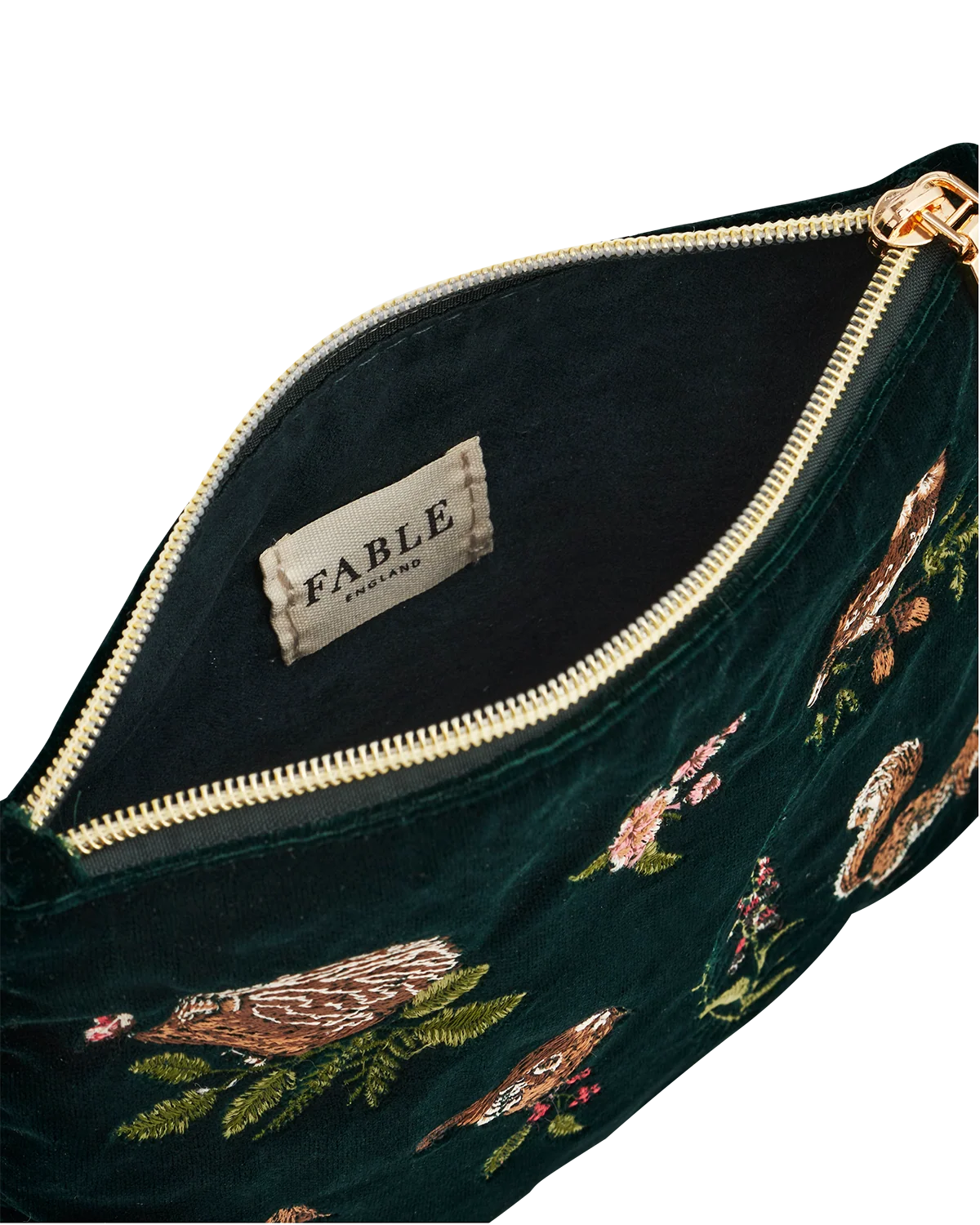 Fable Meadow Scene Embroidered Medium Pouch in Forest Green Velvet with detailed squirrel, owl, and hedgehog embroidery