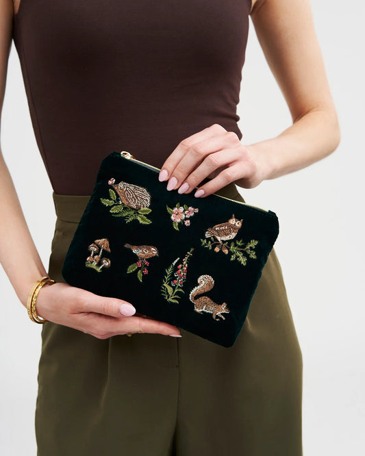 Fable Meadow Scene Embroidered Medium Pouch in Forest Green Velvet with detailed squirrel, owl, and hedgehog embroidery