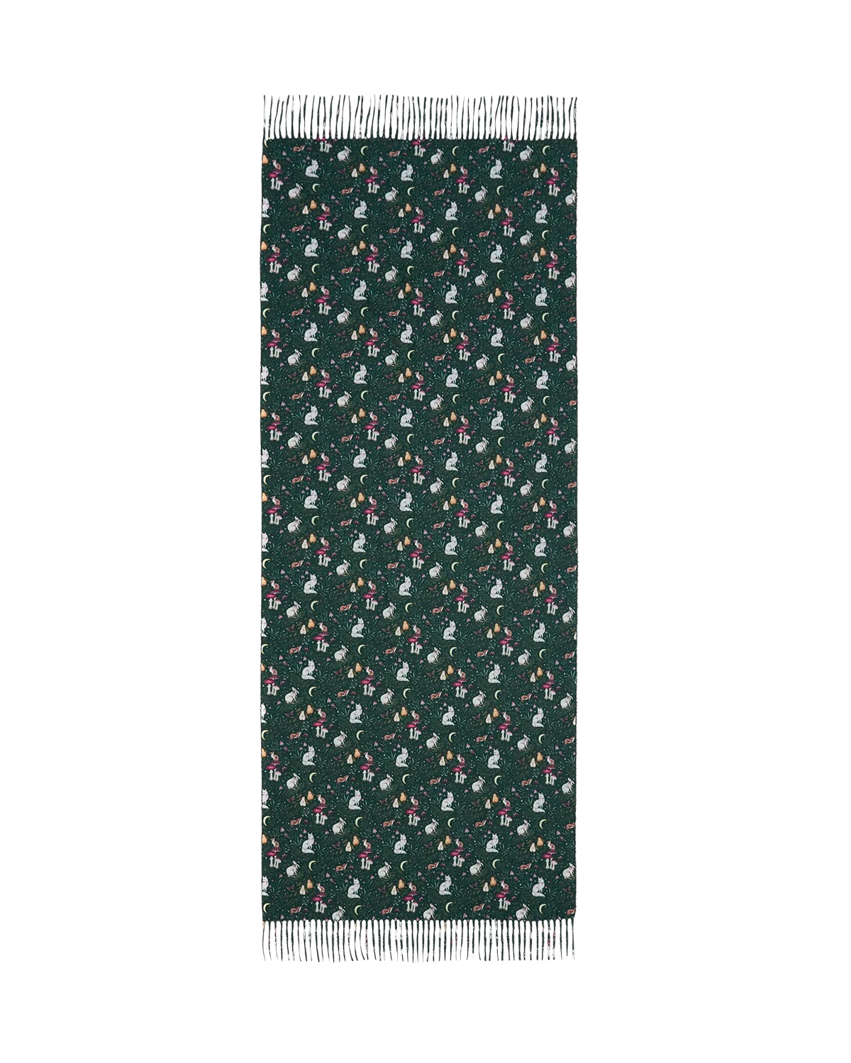 Fable Niva Long Fringed Scarf in forest green featuring Catherine Rowe storybook illustrative design