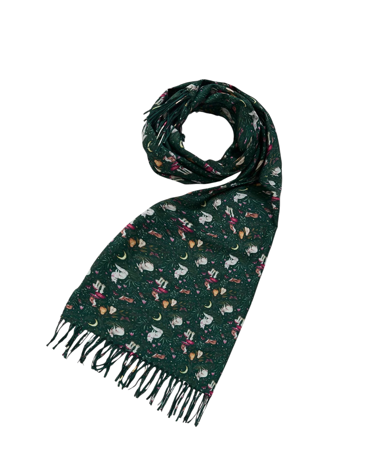 Fable Niva Long Fringed Scarf in forest green featuring Catherine Rowe storybook illustrative design