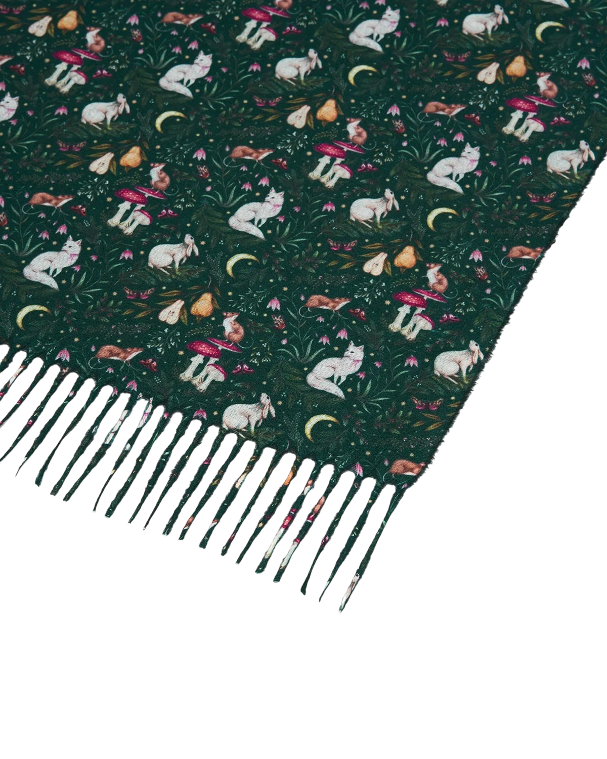 Fable Niva Long Fringed Scarf in forest green featuring Catherine Rowe storybook illustrative design