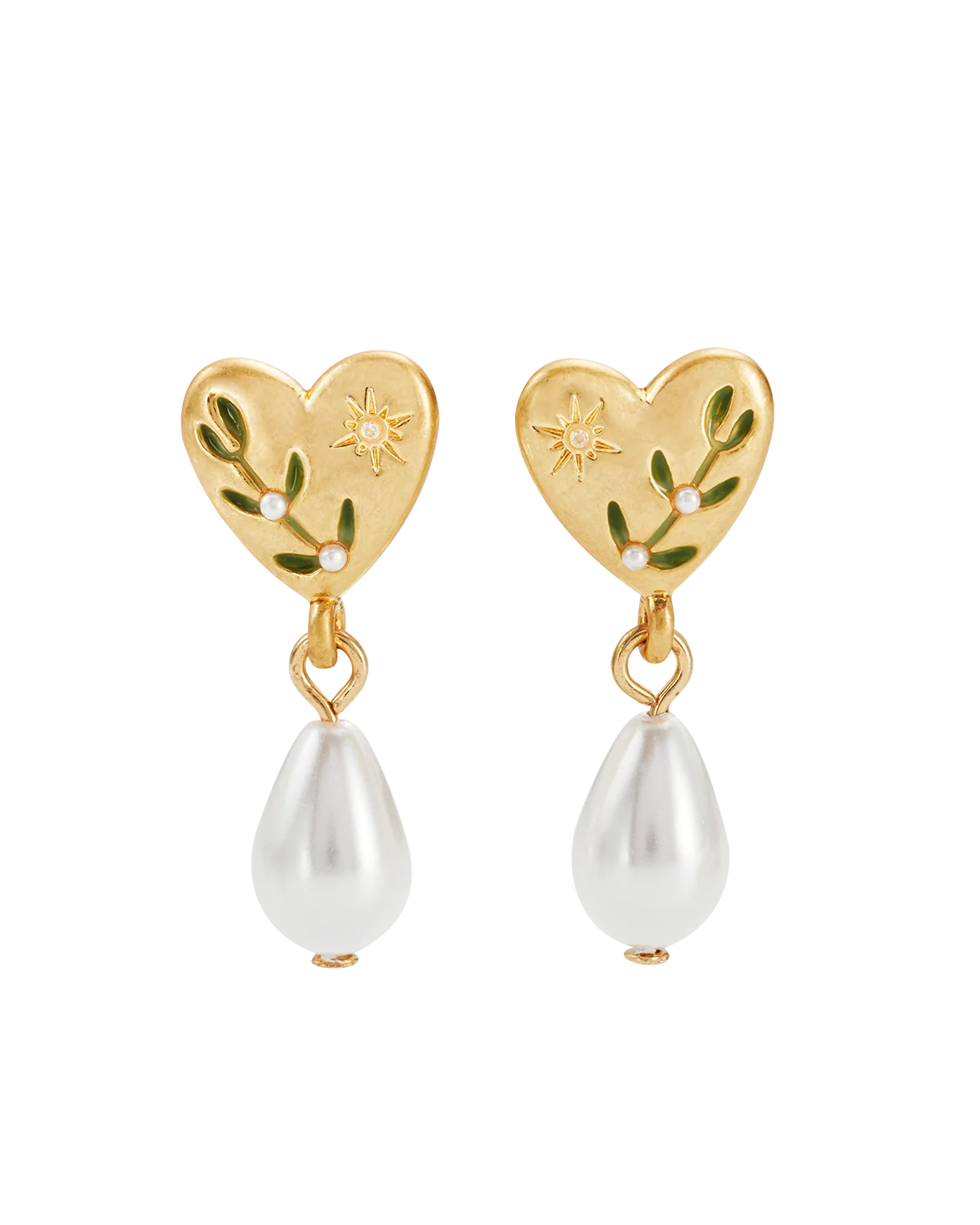 Fable Niva Mistletoe & Pearl Earrings in Gold featuring hand-painted heart studs and teardrop pearl charms