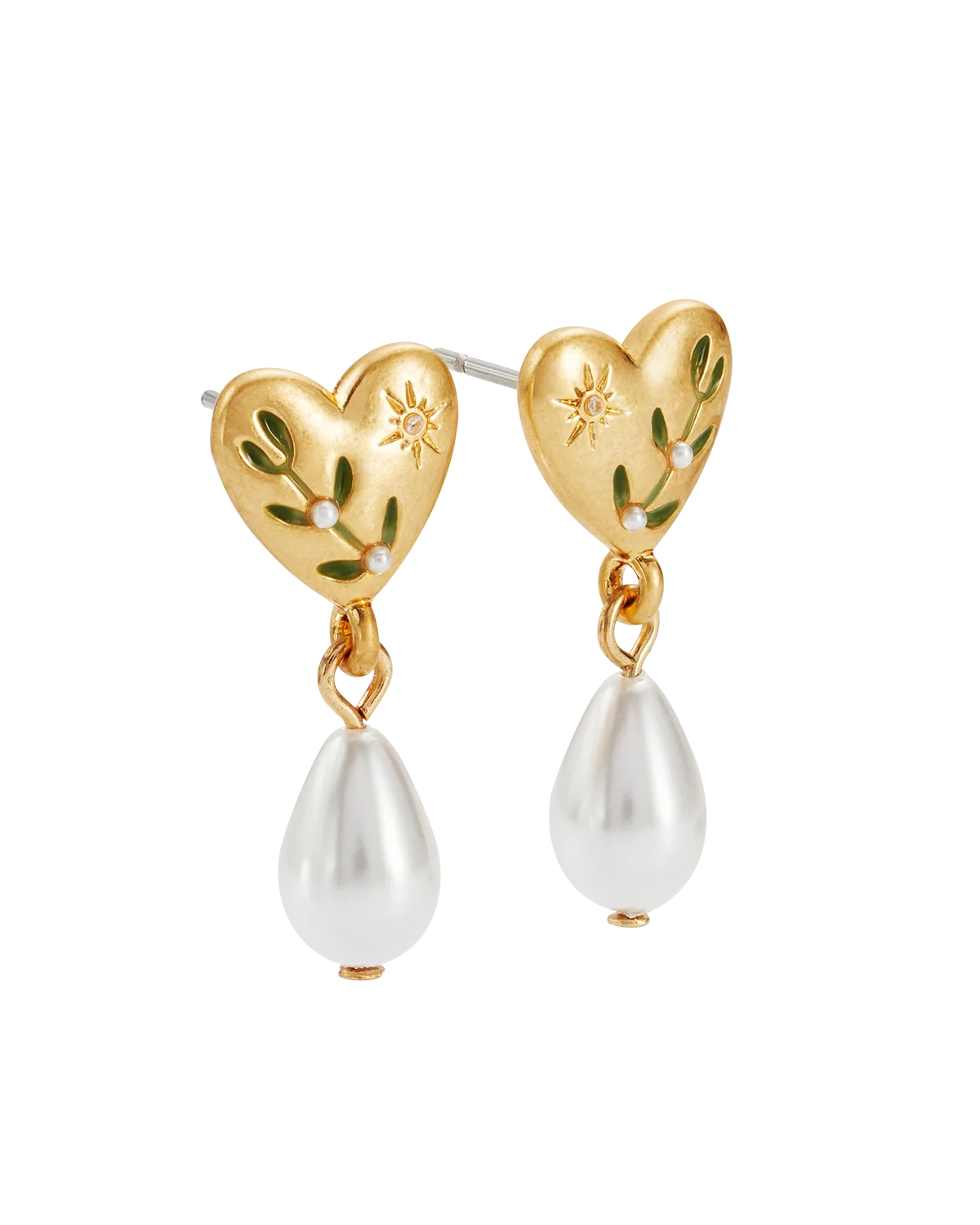 Fable Niva Mistletoe & Pearl Earrings in Gold featuring hand-painted heart studs and teardrop pearl charms