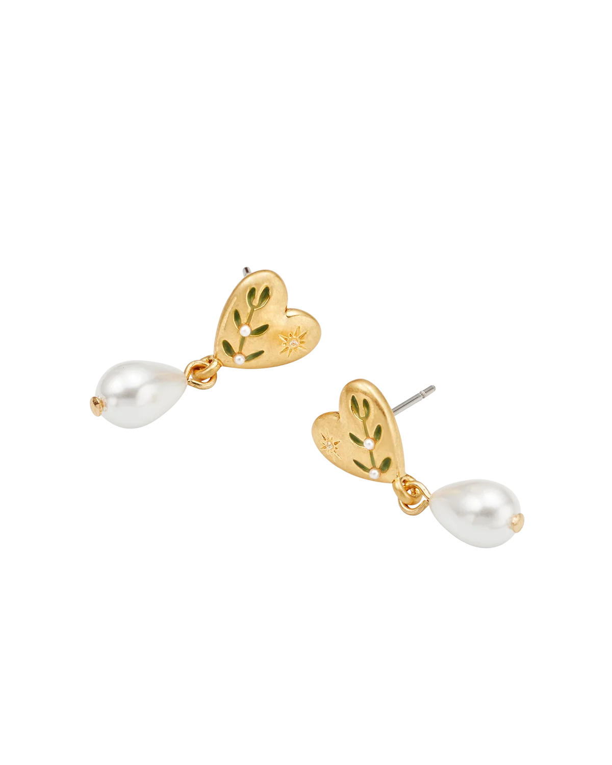 Fable Niva Mistletoe & Pearl Earrings in Gold featuring hand-painted heart studs and teardrop pearl charms