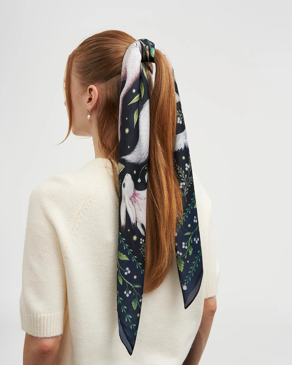 Fable Niva Narrative Medium Square Scarf in Navy with Catherine Rowe woodland animal print