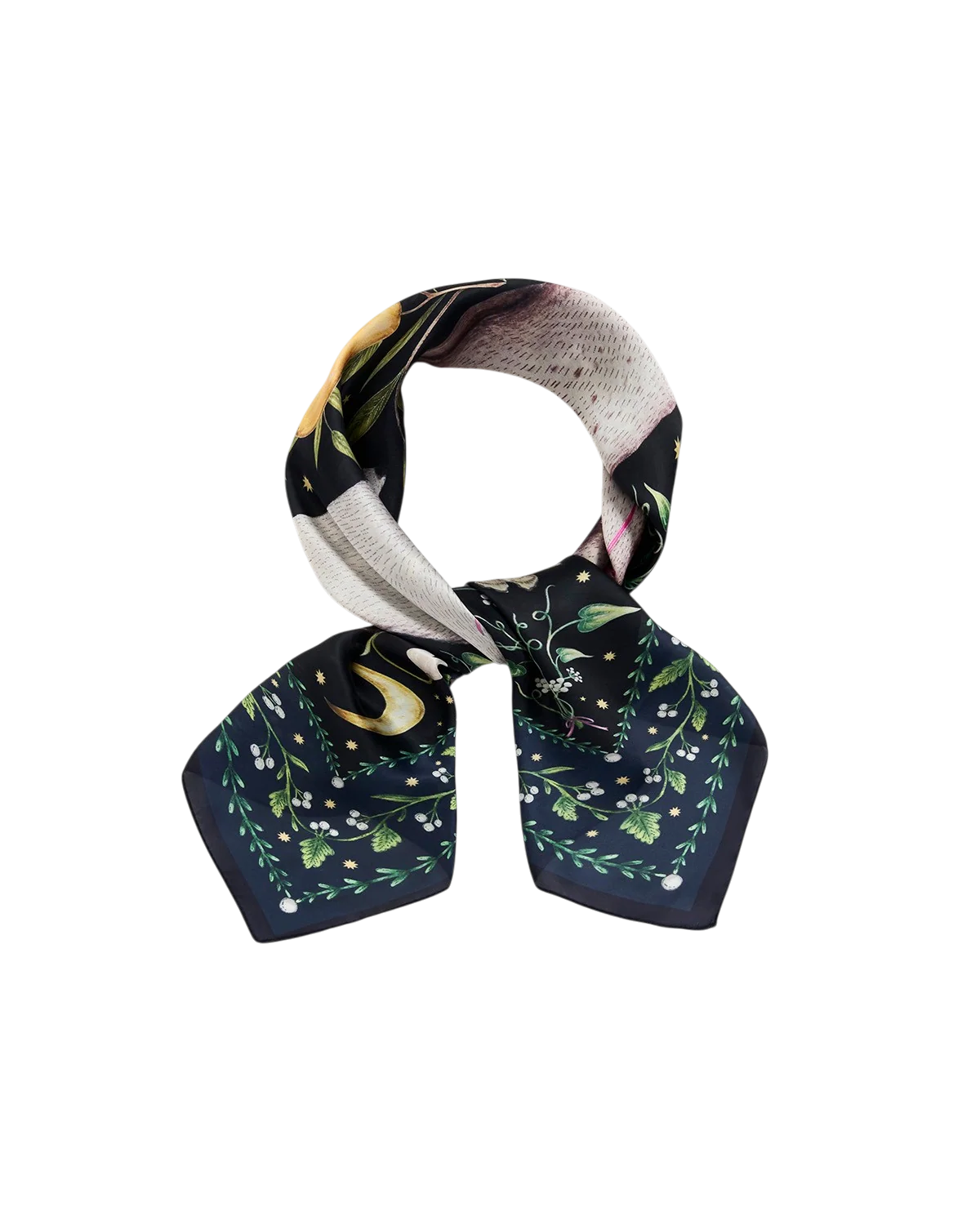 Fable Niva Narrative Medium Square Scarf in Navy with Catherine Rowe woodland animal print