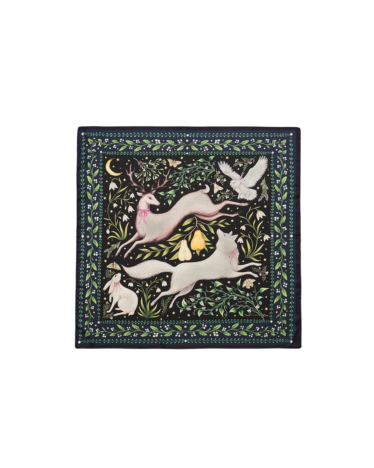 Fable Niva Narrative Medium Square Scarf in Navy with Catherine Rowe woodland animal print