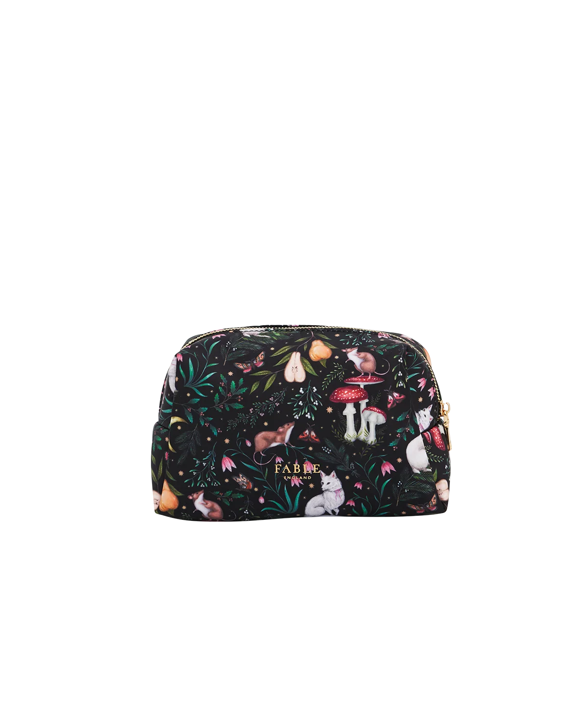 Fable Niva Print Cosmetic Pouch in black and forest green featuring Catherine Rowe woodland animal illustrations