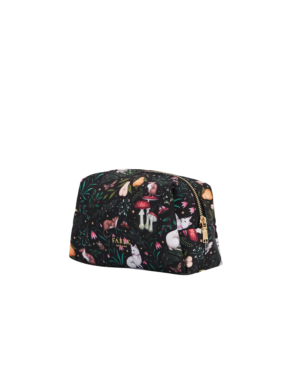 Fable Niva Print Cosmetic Pouch in black and forest green featuring Catherine Rowe woodland animal illustrations
