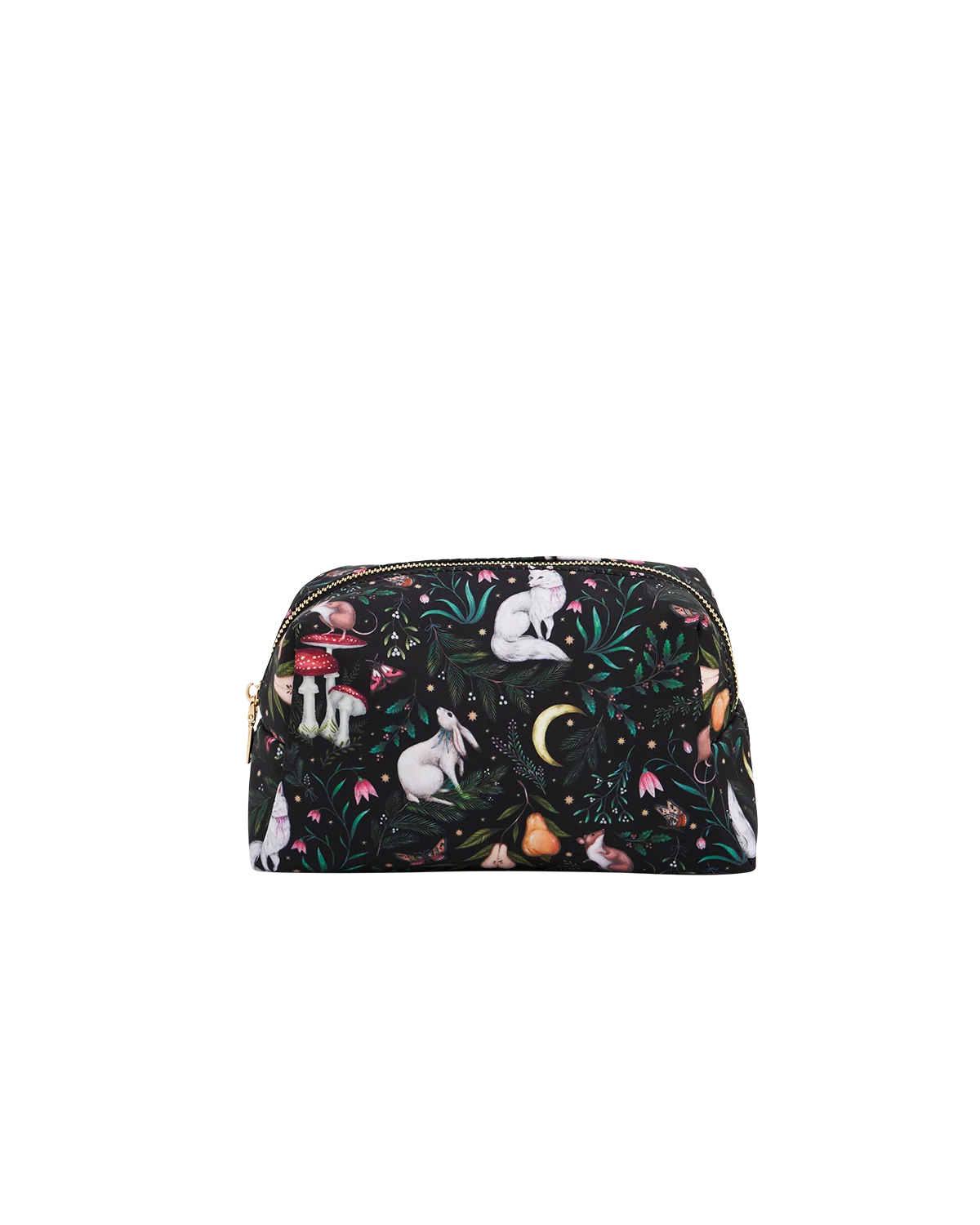 Fable Niva Print Cosmetic Pouch in black and forest green featuring Catherine Rowe woodland animal illustrations