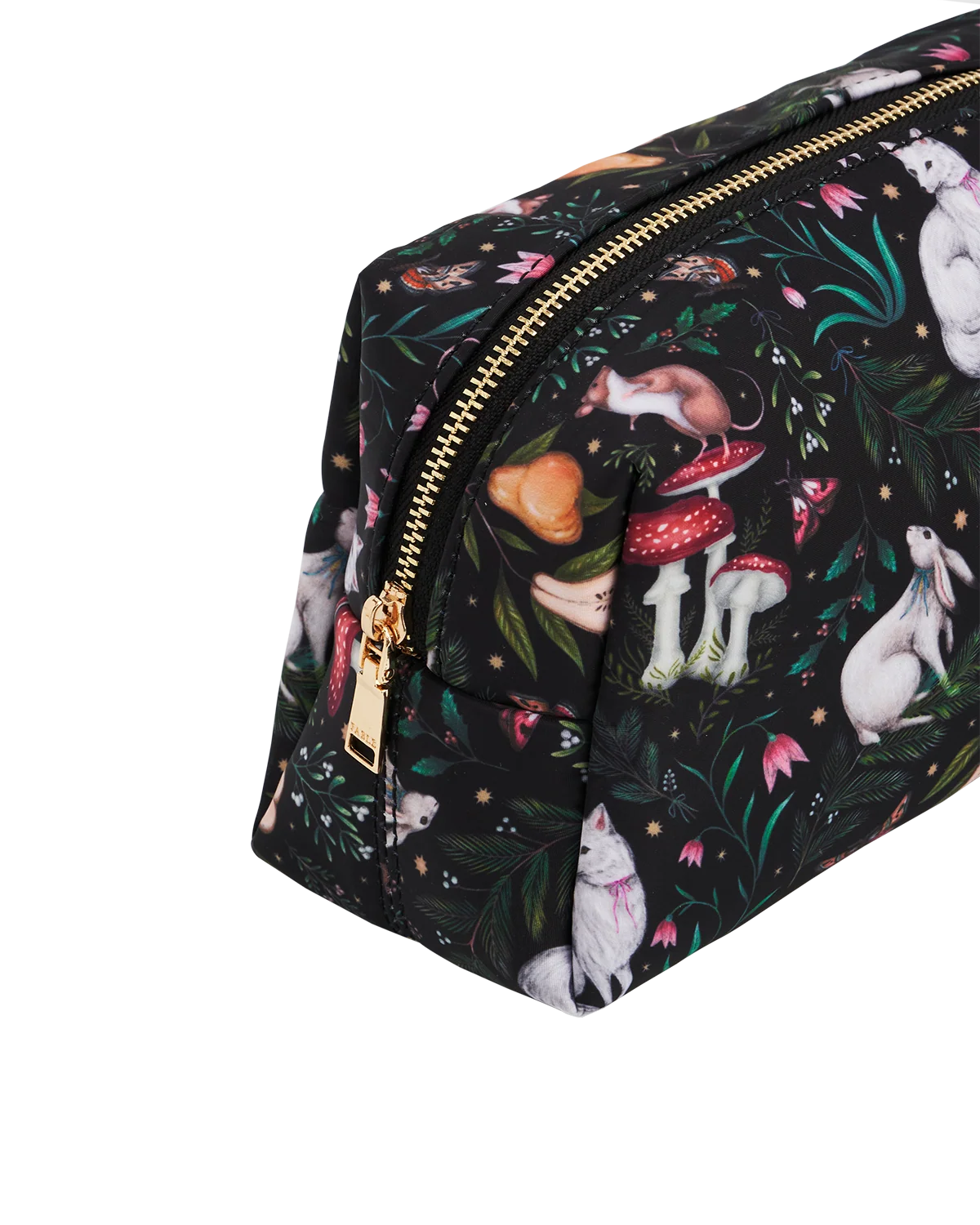 Fable Niva Print Cosmetic Pouch in black and forest green featuring Catherine Rowe woodland animal illustrations