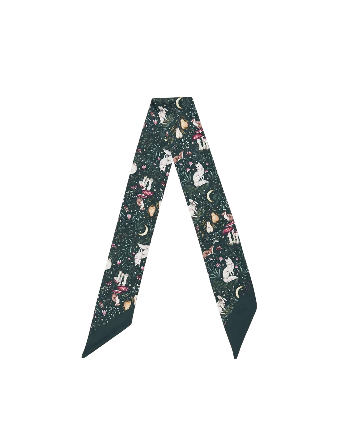 Fable Niva Skinny Scarf in Forest Green tied in hair featuring Catherine Rowe woodland animal print