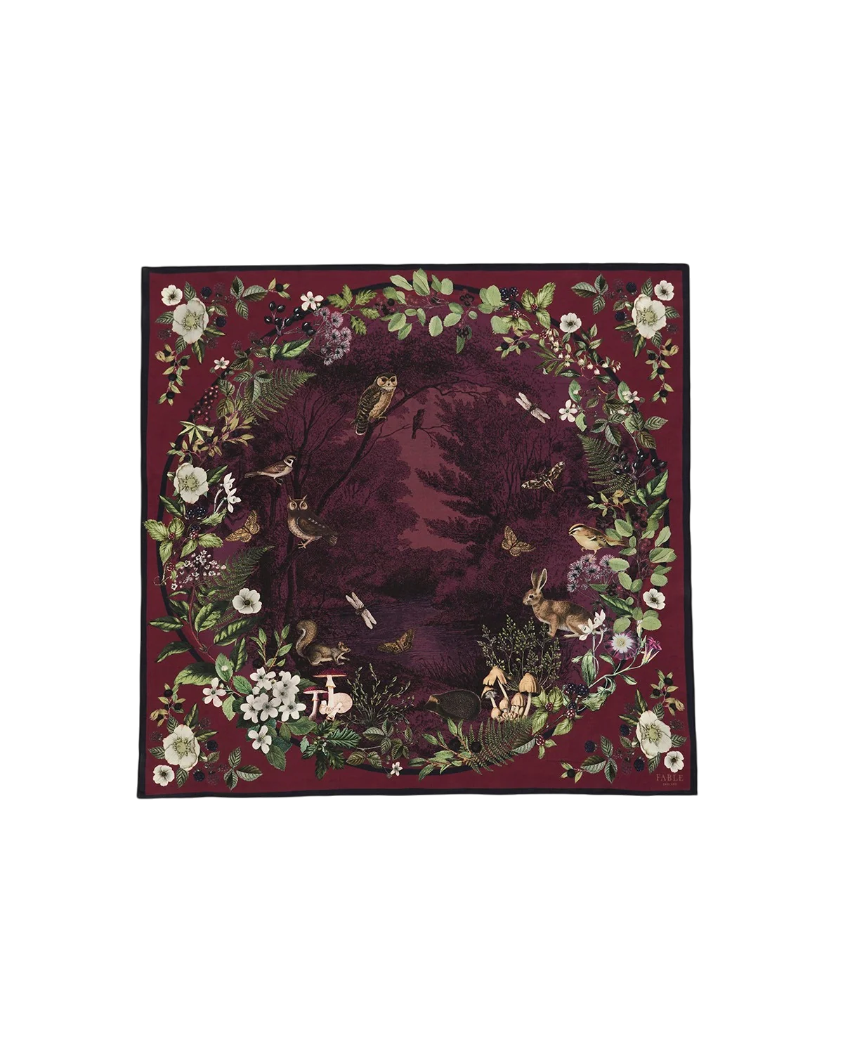 Fable Orla Narrative Medium Square Scarf in Burgundy with illustrated woodland print tied around model neck
