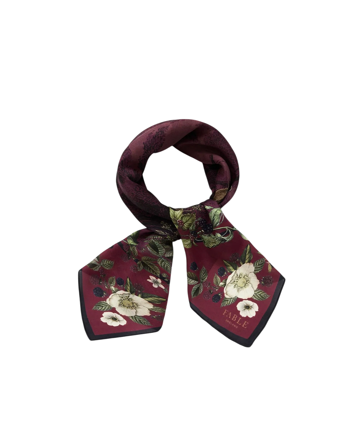 Fable Orla Narrative Medium Square Scarf in Burgundy with illustrated woodland print tied around model neck