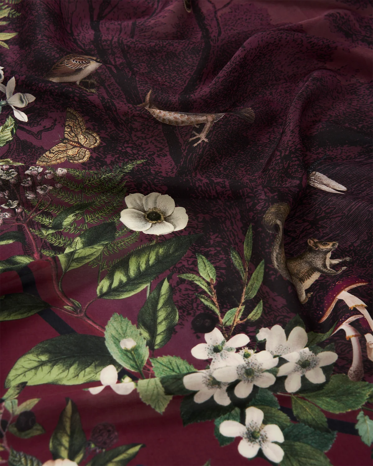 Fable Orla Narrative Medium Square Scarf in burgundy close up
