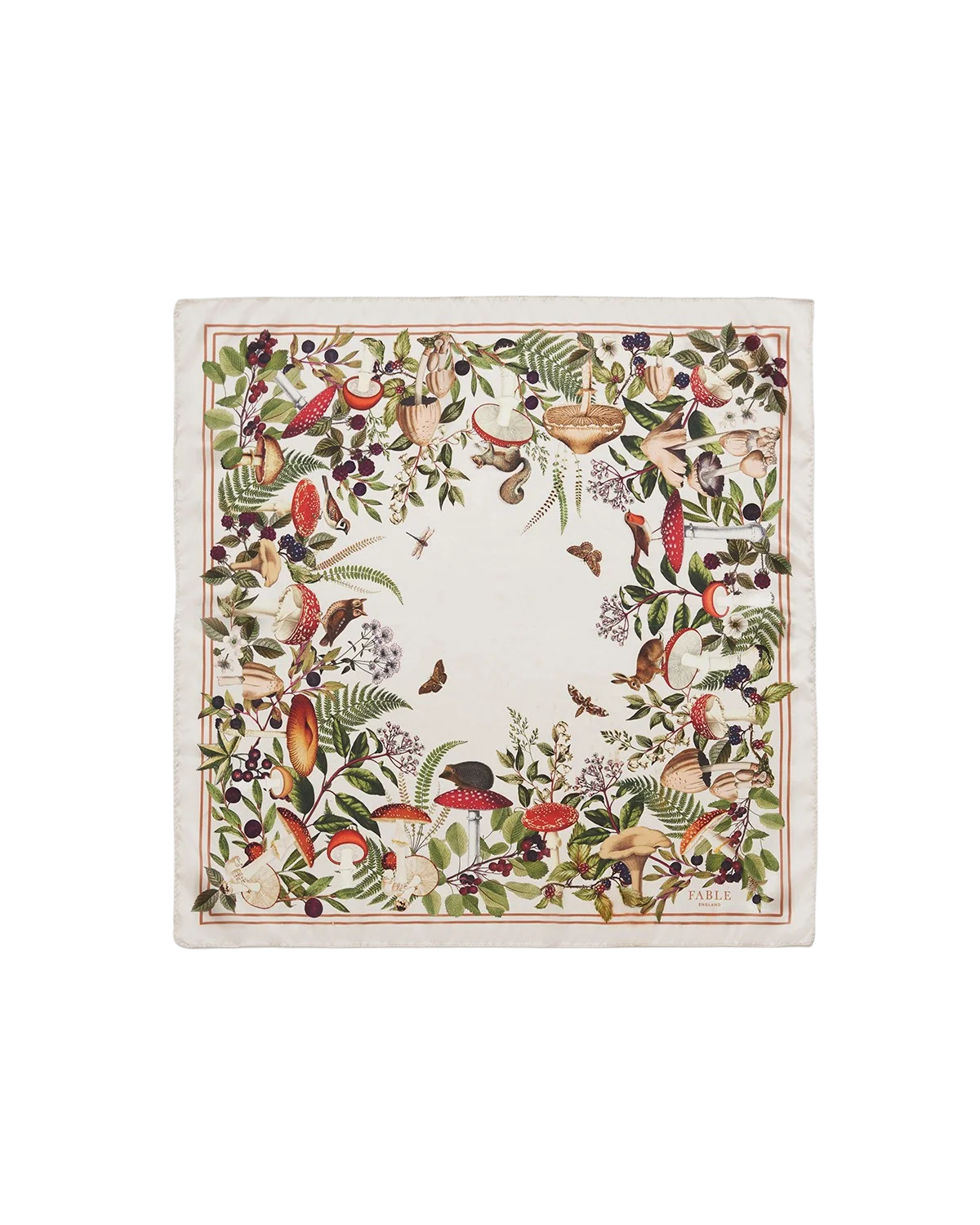 Orla Square Scarf in burgundy featuring woodland animal and mushroom print tied around model's neck