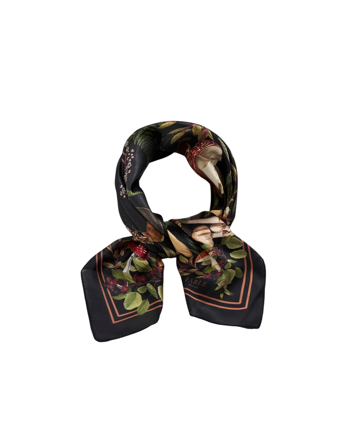 Orla Square Scarf in burgundy featuring woodland animal and mushroom print tied around model's neck