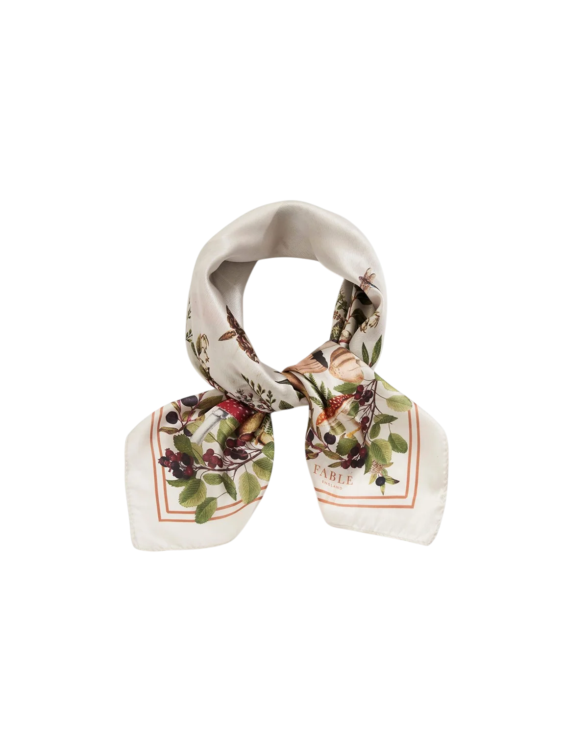 Orla Square Scarf in burgundy featuring woodland animal and mushroom print tied around model's neck