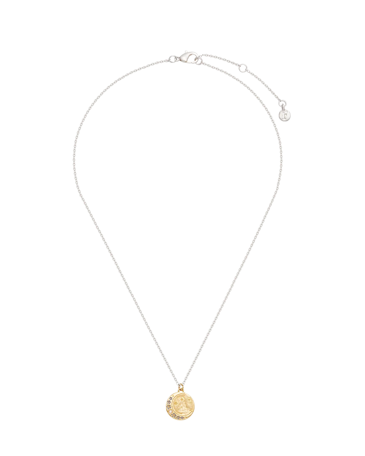 Fable Selene Moon & Periwinkle Necklace in gold-plated finish showing celestial pendant on silver chain