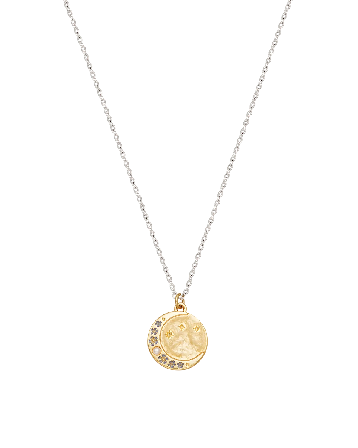 Fable Selene Moon & Periwinkle Necklace in gold-plated finish showing celestial pendant on silver chain