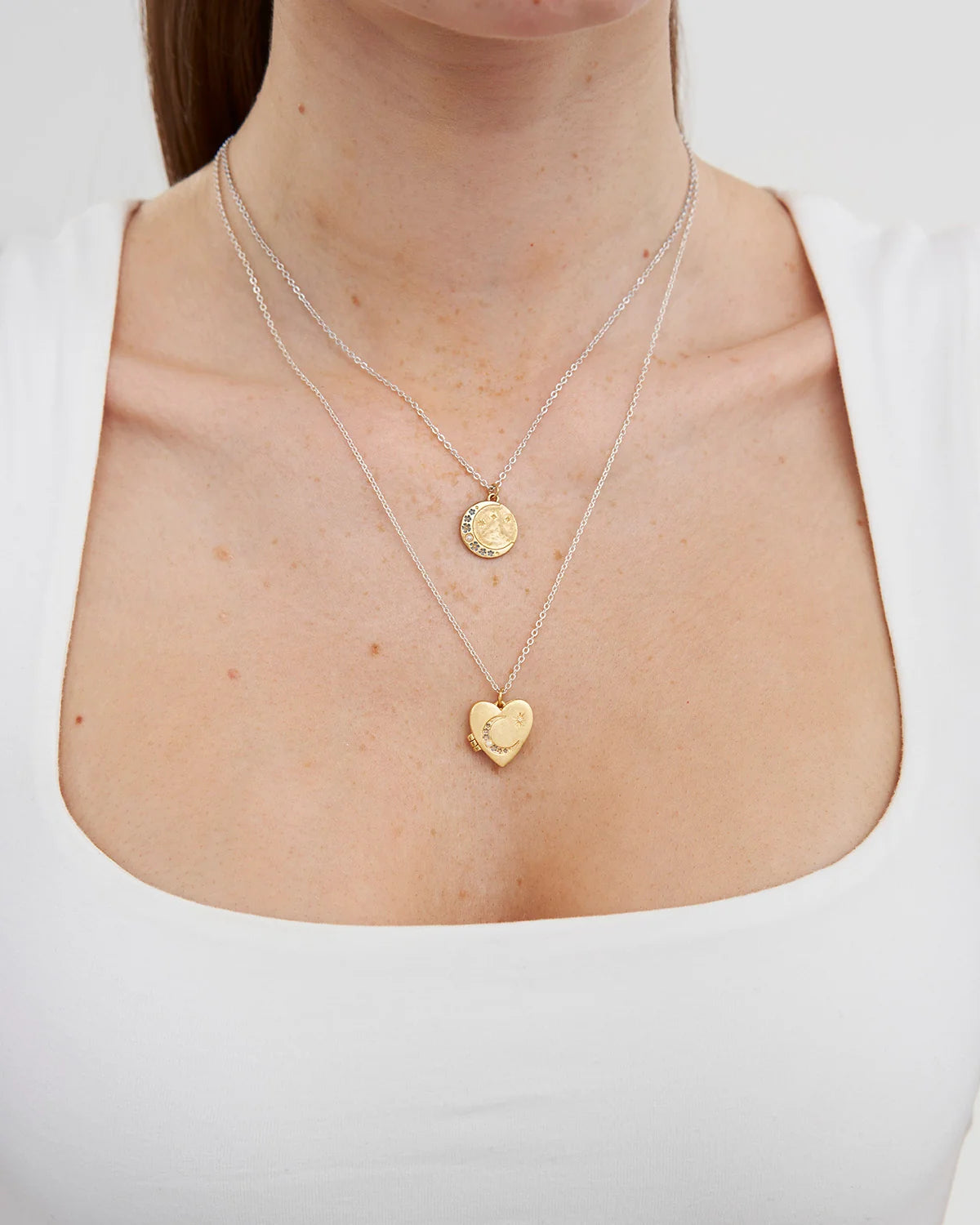 Fable Selene Moon & Periwinkle Necklace in gold-plated finish showing celestial pendant on silver chain