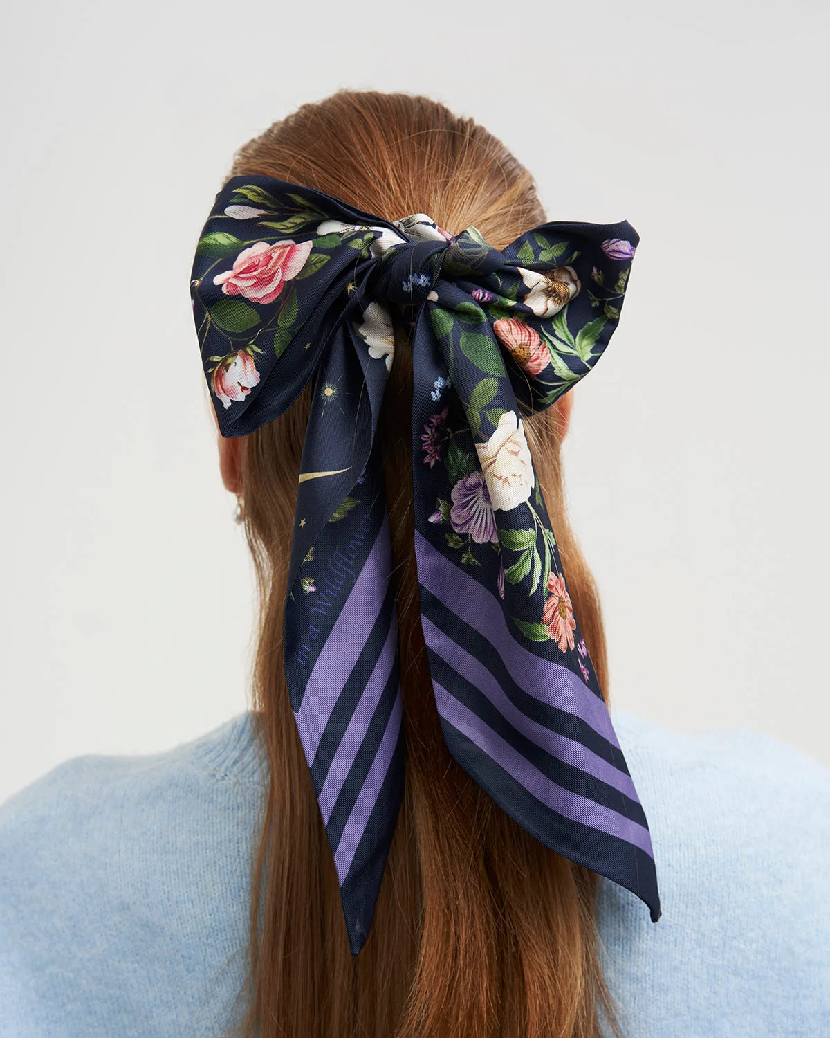 Fable Selene Skinny Scarf in Navy showing wildflower and celestial moon prints