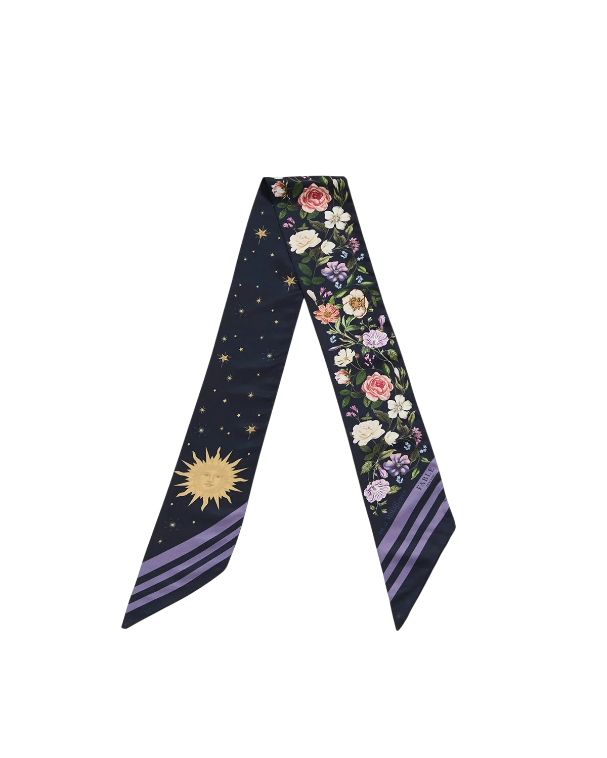 Fable Selene Skinny Scarf in Navy showing wildflower and celestial moon prints