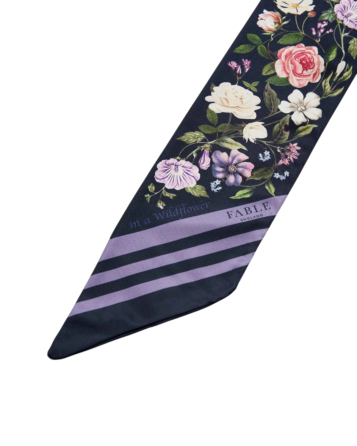 Fable Selene Skinny Scarf in Navy showing wildflower and celestial moon prints