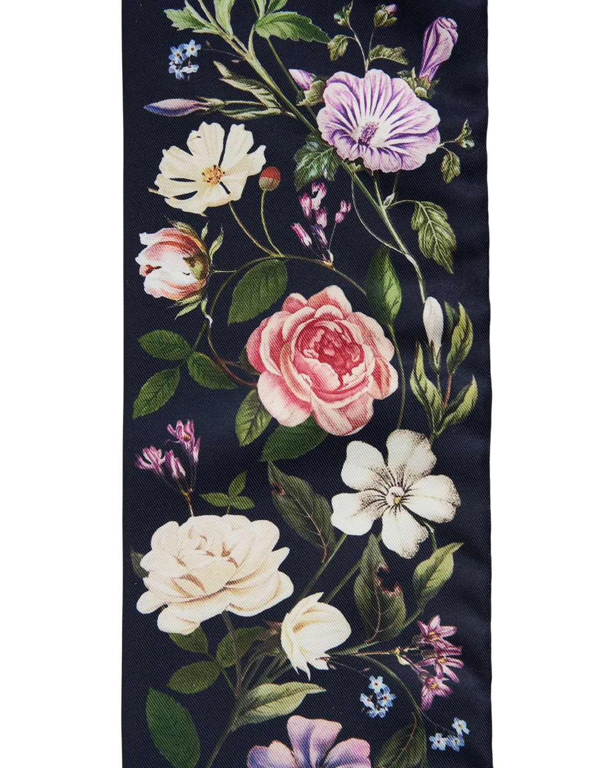 Fable Selene Skinny Scarf in Navy showing wildflower and celestial moon prints