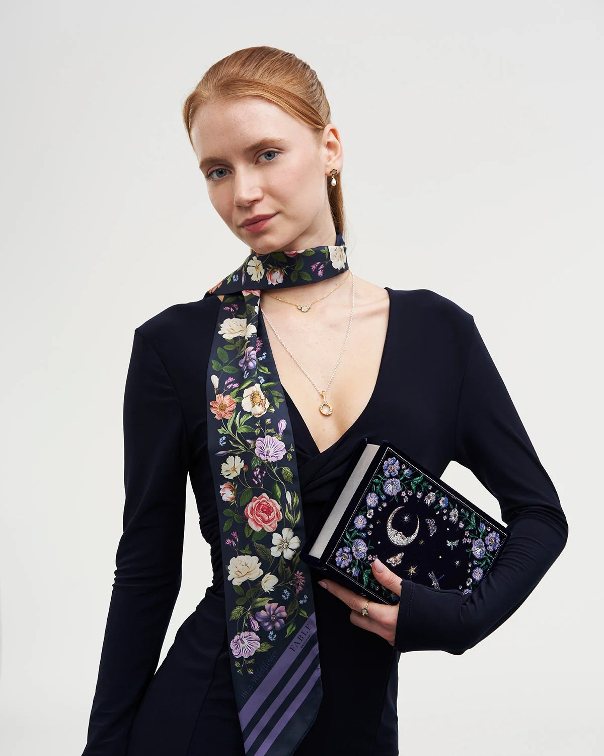Fable Selene Skinny Scarf in Navy showing wildflower and celestial moon prints