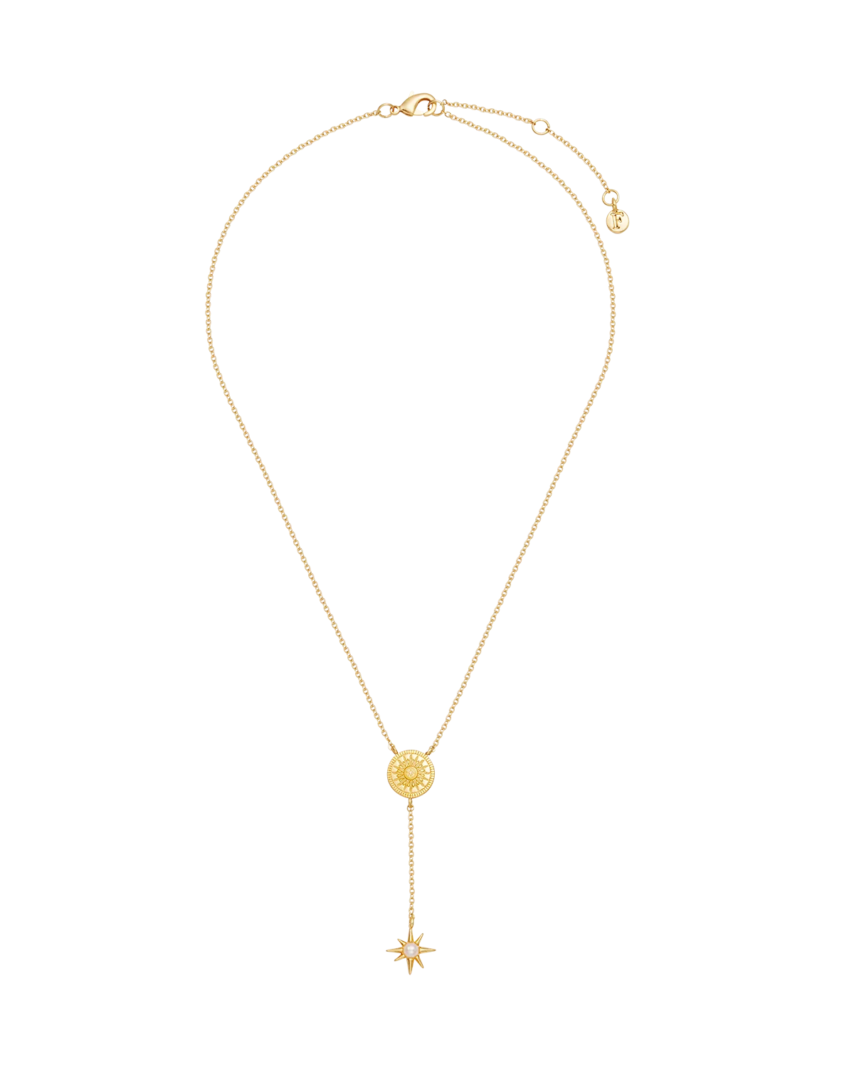 Fable Sun Lariat Necklace in Gold featuring sun pendant and star charm lariat drop