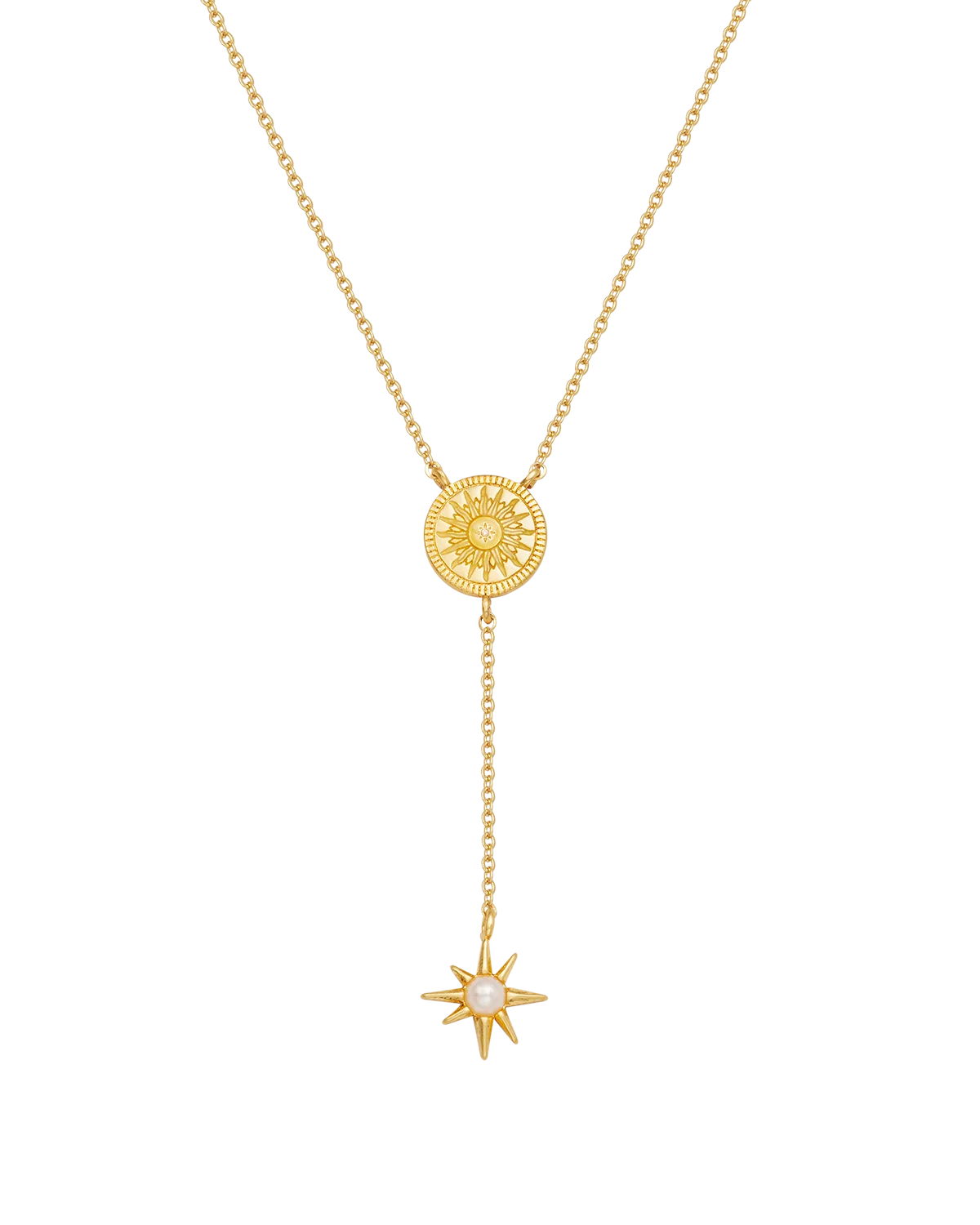 Fable Sun Lariat Necklace in Gold featuring sun pendant and star charm lariat drop