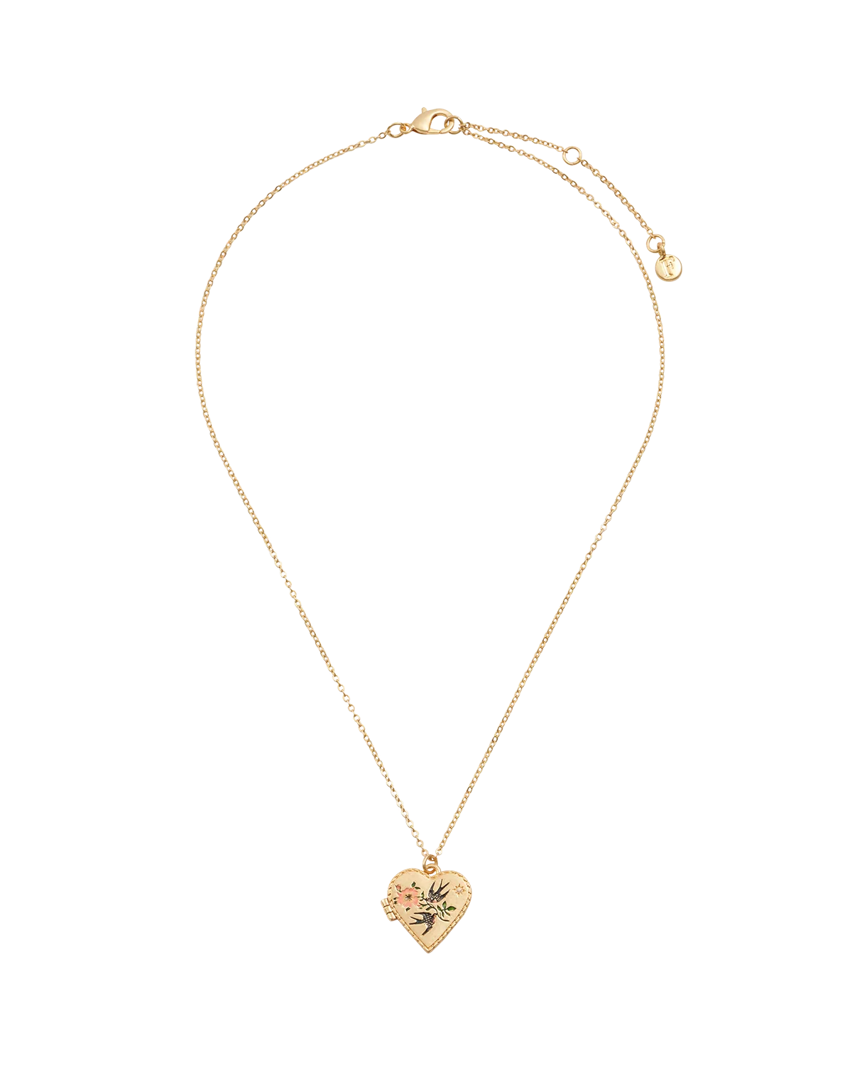 Fable Swallow Heart Locket Chain Necklace in 22ct gold plating featuring hand-painted enamel swallows and floral detail