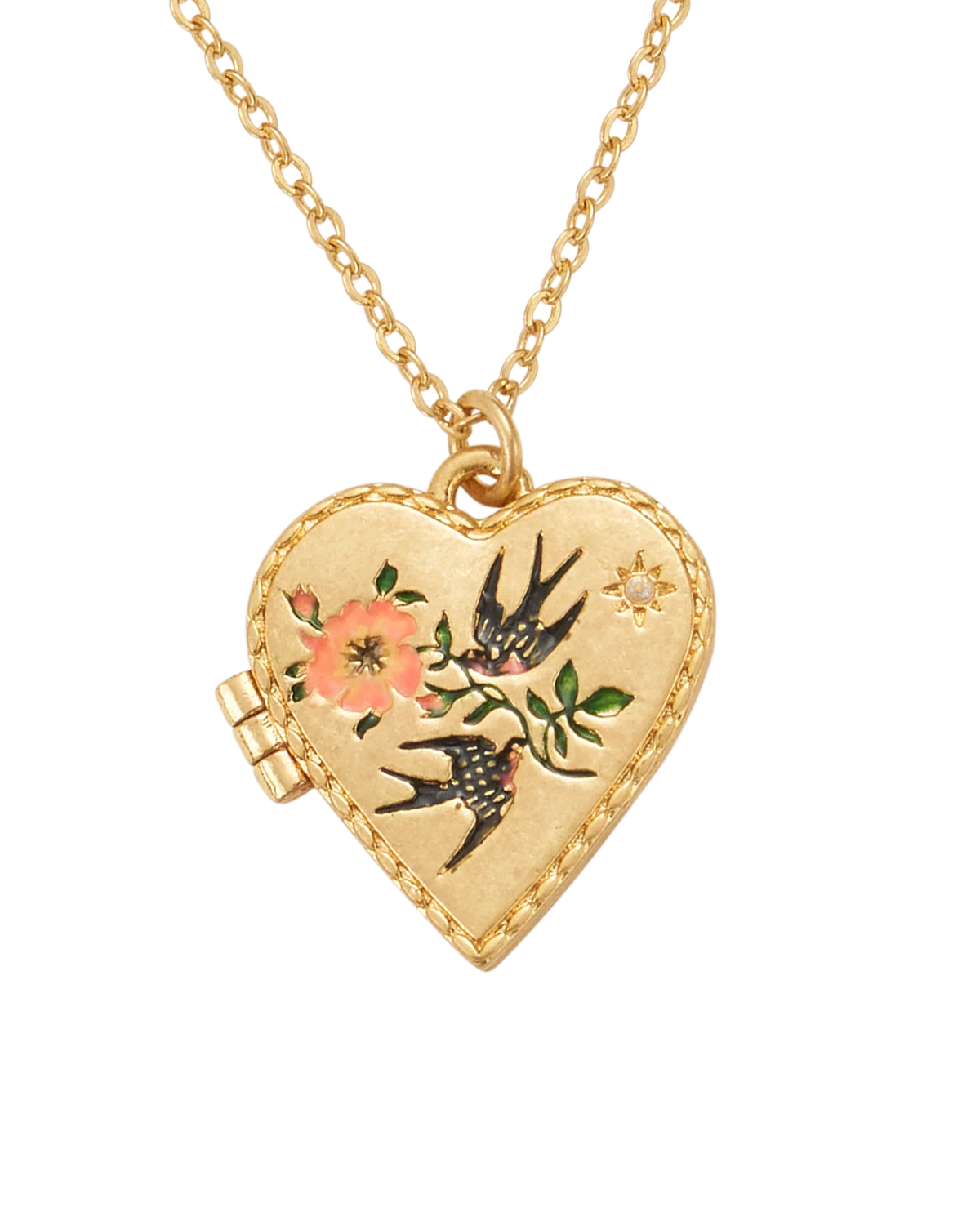 Fable Swallow Heart Locket Chain Necklace in 22ct gold plating featuring hand-painted enamel swallows and floral detail