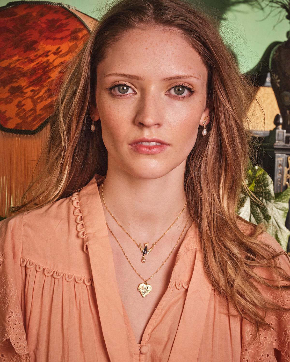 Fable Swallow Heart Locket Chain Necklace in 22ct gold plating featuring hand-painted enamel swallows and floral detail