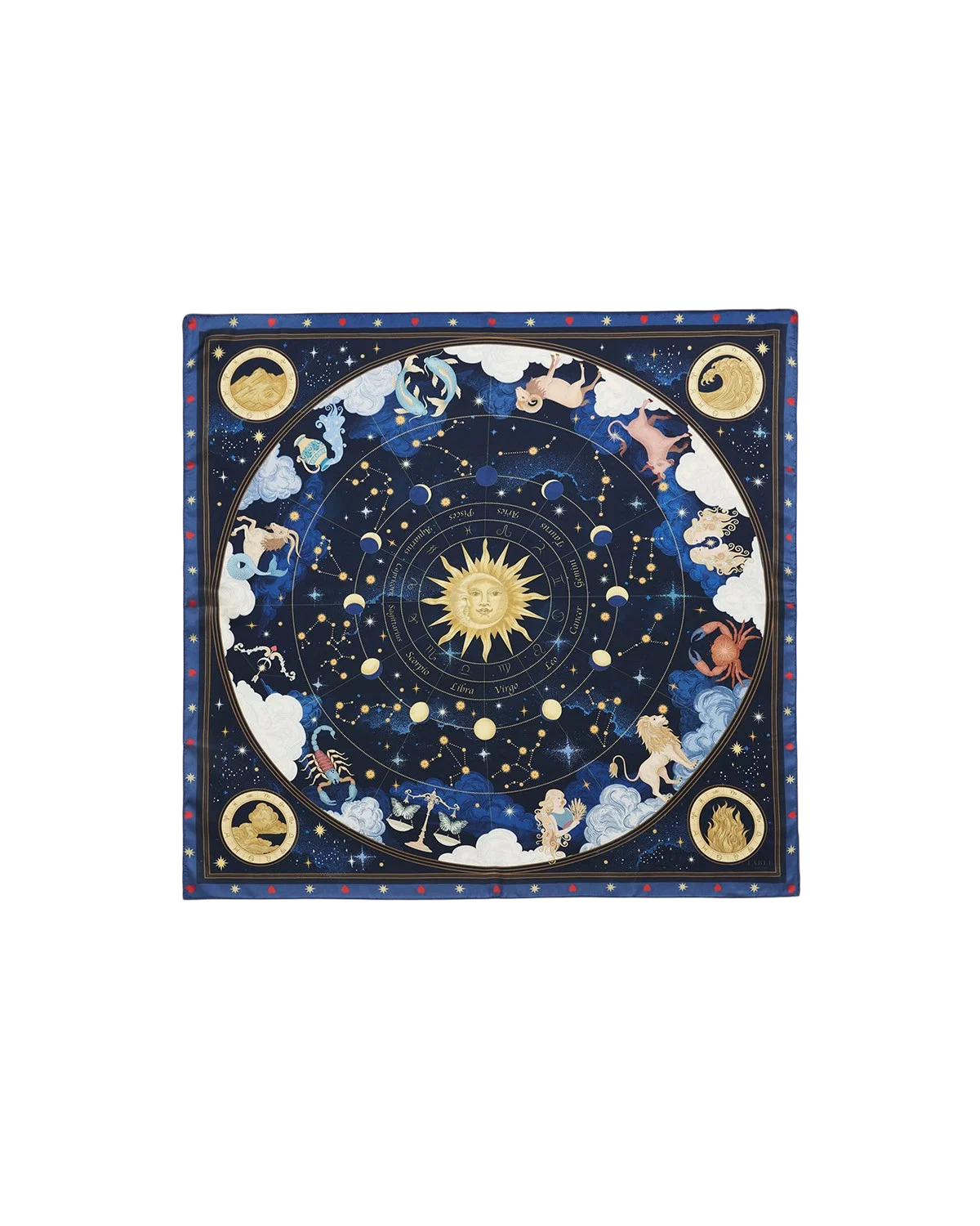 Fable Zodiac Square Scarf in Navy featuring illustrated zodiac signs and celestial sun artwork